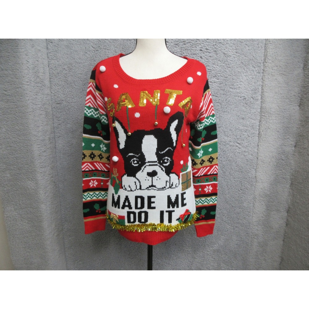 Christmas Sweater Women M Red French Bull Dog Sequin Novelty Ugly Festive Knit